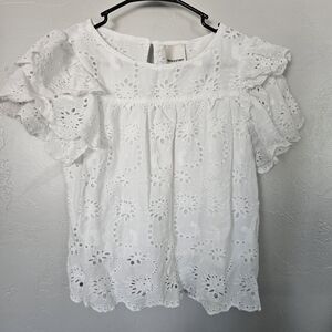 Industry Women's Medium White Eyelet Lace Top Short Sleeve Blouse Keyhole Girly
